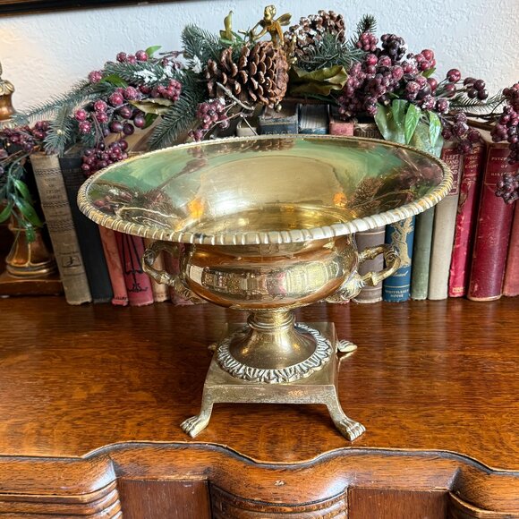 Vintage Ornate Brass Pedestal Bowl with Claw Feet and Faces - Picture 4 of 17